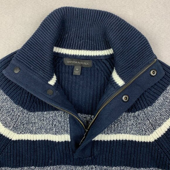 Banana Republic Mens Sweater Medium Blue Striped 1/4 Zip Long Sleeve Rib Knit - Picture 2 of 8
